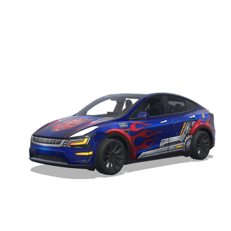 Tesla Model Y (2025+) with a Optimus Prime Red and Blue wrap, 3D preview