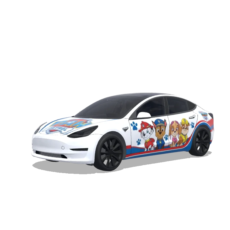 Tesla Model 3 with a PAW Patrol Hood Badge wrap, 3D preview