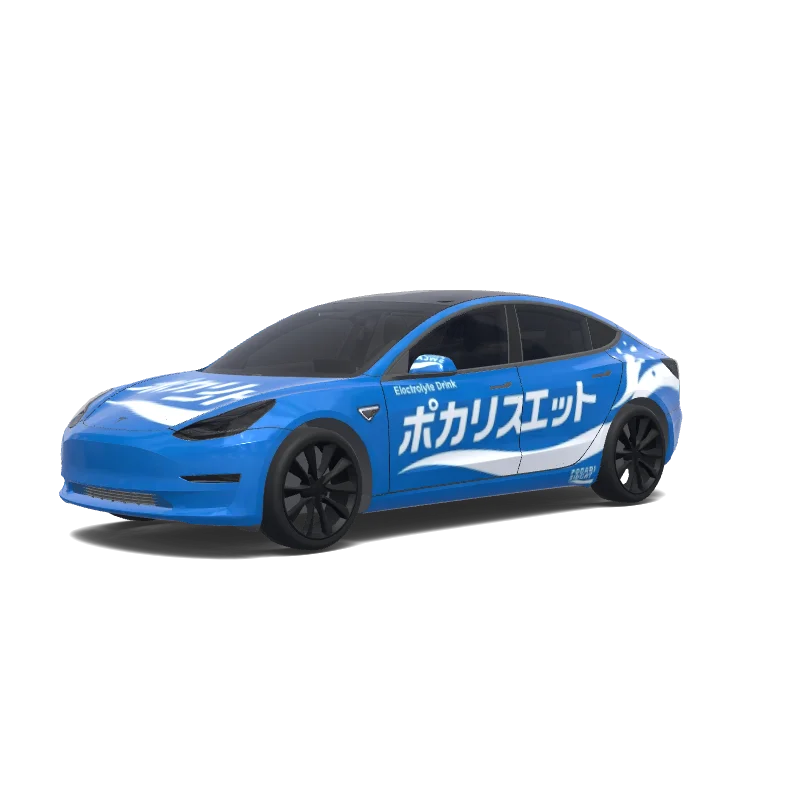 Tesla Model 3 with a Pocari Sweat Blue wrap, 3D preview