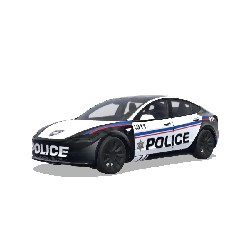 Tesla Model 3 (2024+) with a Police Stripes black and white wrap, 3D Paint Shop preview