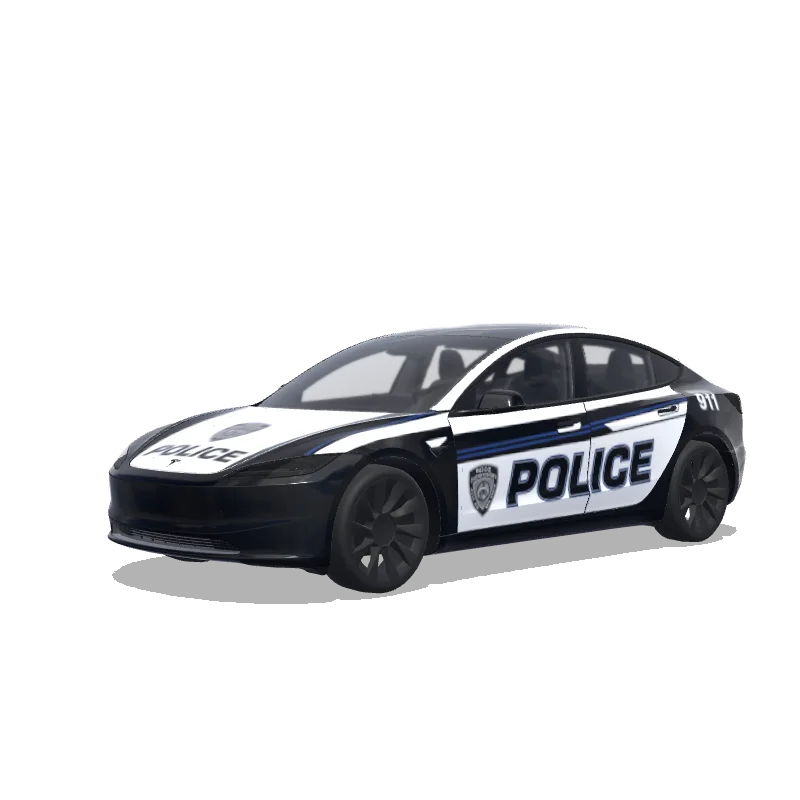 Tesla Model 3 (2024+) with a Police Stripes black and white wrap, 3D Paint Shop preview