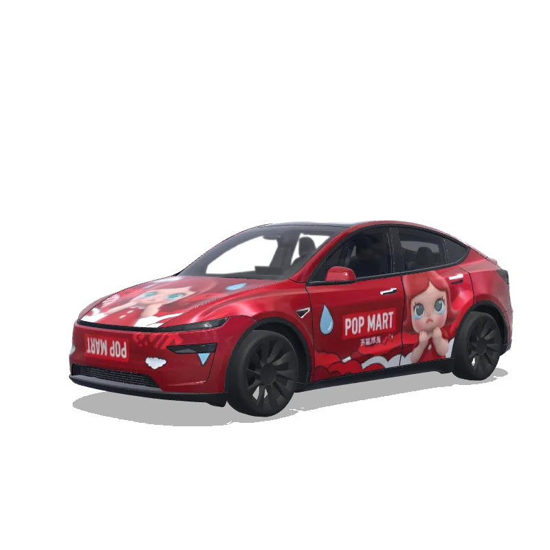 Tesla Model Y (2025+) with a Pop Mart Crybaby Red wrap, 3D preview