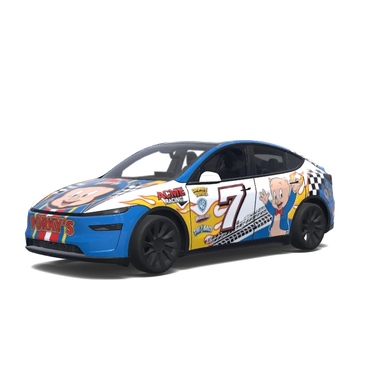 Tesla Model Y (2025+) with a porky the pig race car wrap, 3D preview