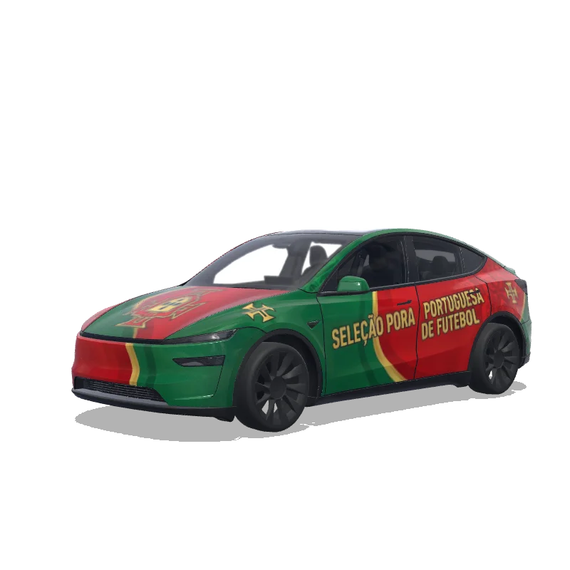 Tesla Model Y (2025+) with a Portugal National Team Green and Red wrap, 3D preview