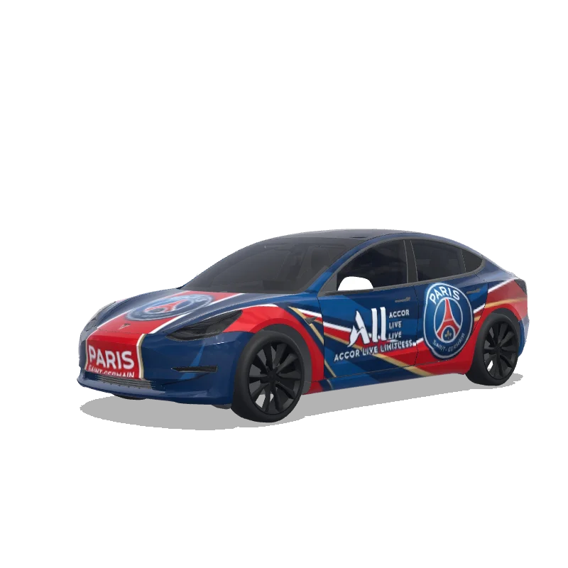 Tesla Model 3 with a PSG Team Bus Style Blue and Red wrap, 3D preview