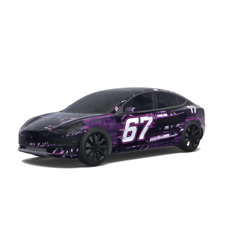 Tesla Model 3 with a Purple and Black Racing No. 67 wrap, 3D preview