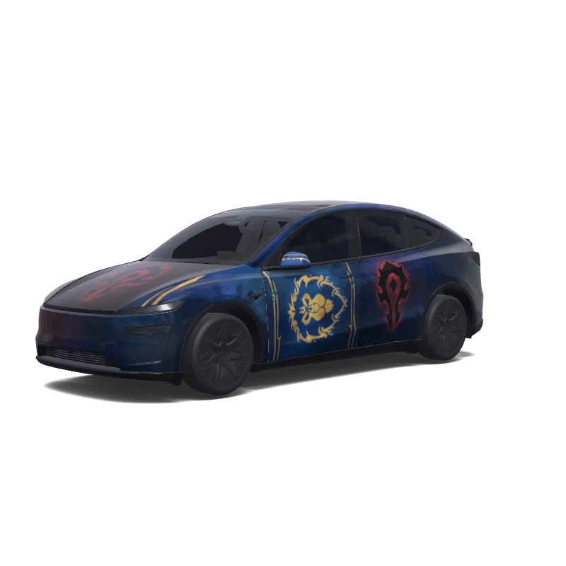 Tesla Model Y L wrap design - 前盖用部落ogo,后盖是魔兽世界logo,后视镜一边是联盟蓝,一边是部落红