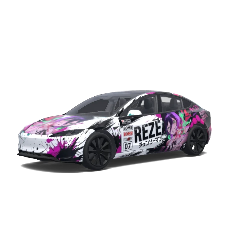 Tesla Model 3 (2024+) with a Racing Anime hot-pink and purple No. 07 wrap, 3D preview
