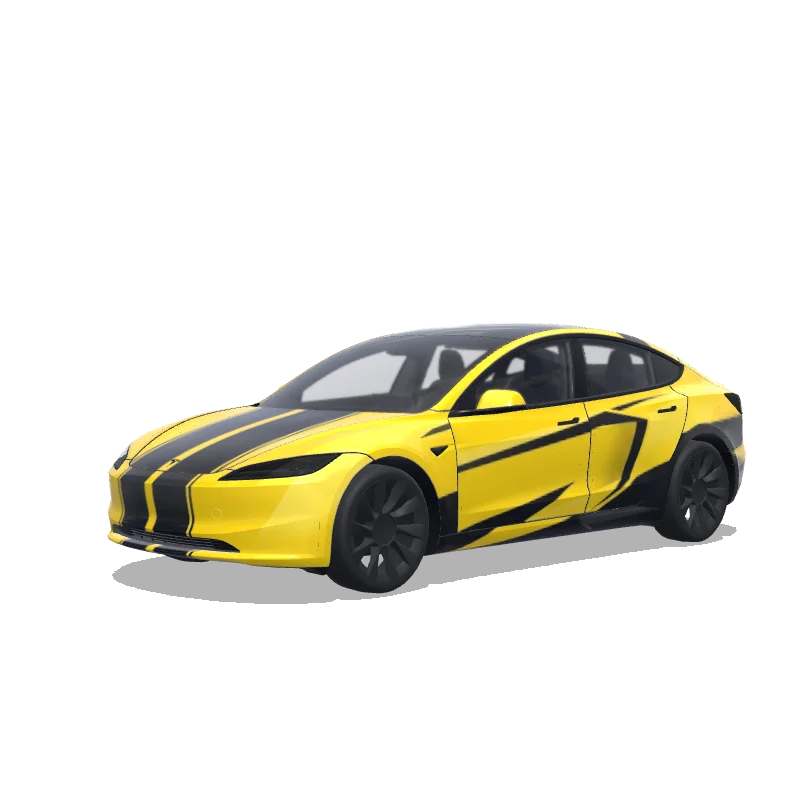 Tesla Model 3 (2024+) with a Racing Matte black and yellow wrap, 3D preview
