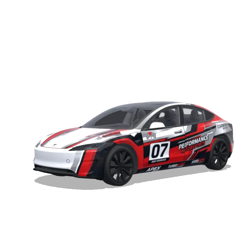 Tesla Model 3 (2024+) with a Racing wrap, 3D Paint Shop preview