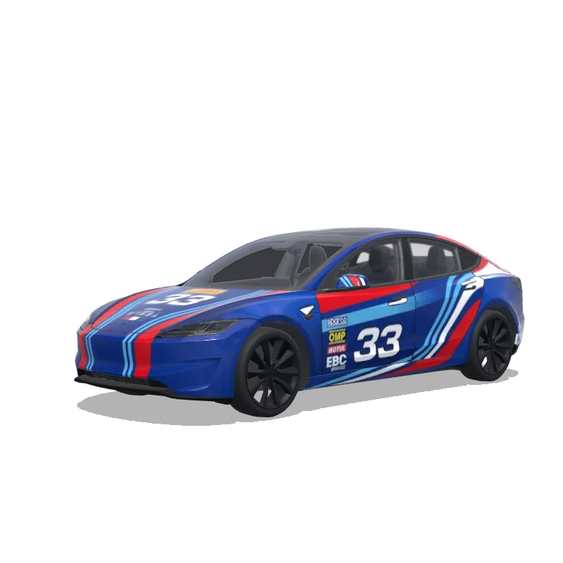 Tesla Model 3 (2024+) with a Racing wrap, 3D Paint Shop preview