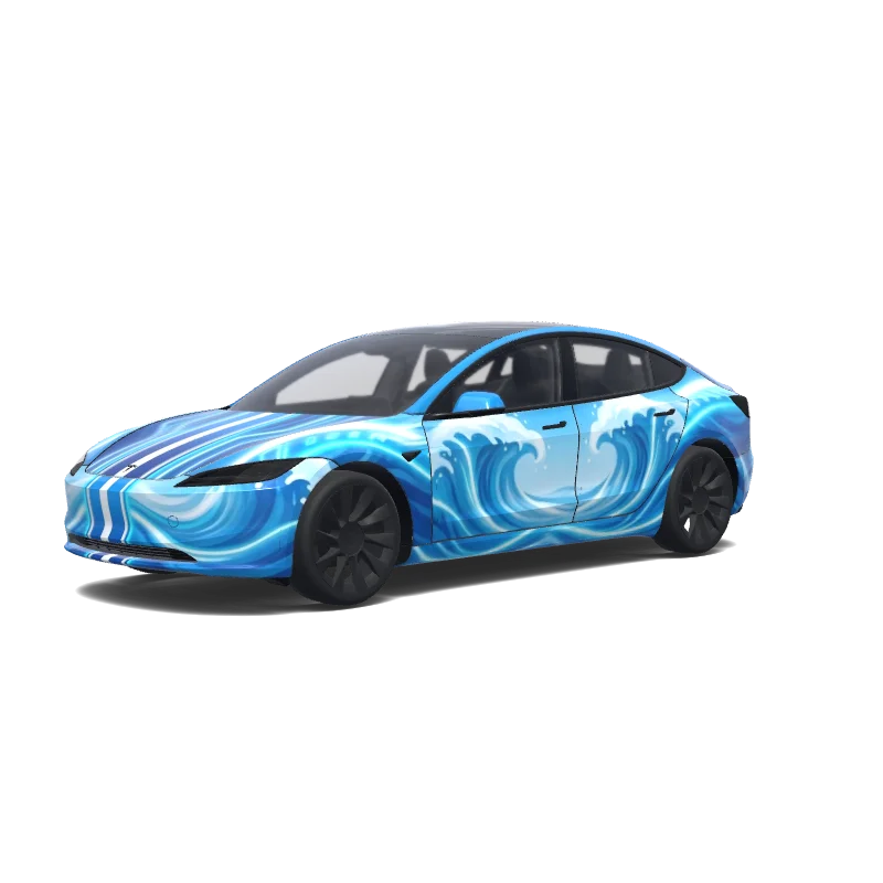 Tesla Model 3 (2024+) with a Racing wrap, 3D Paint Shop preview