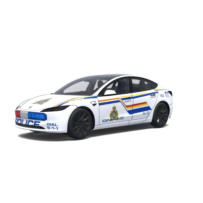 Tesla Model 3 (2024+) with a RCMP Police White and Gold wrap, 3D preview
