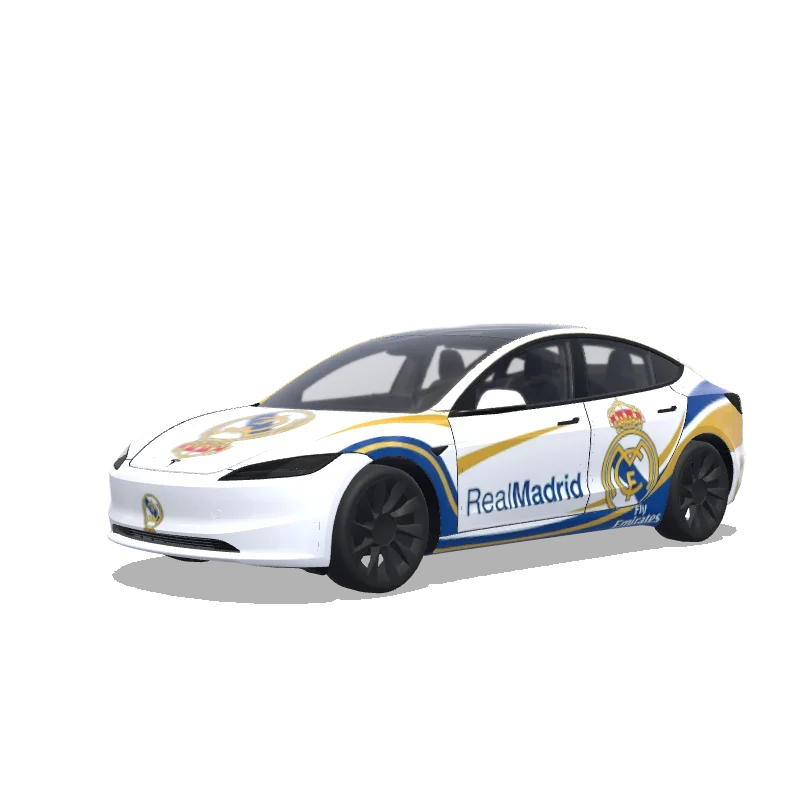 Tesla Model 3 (2024+) with a Real Madrid White wrap, 3D preview