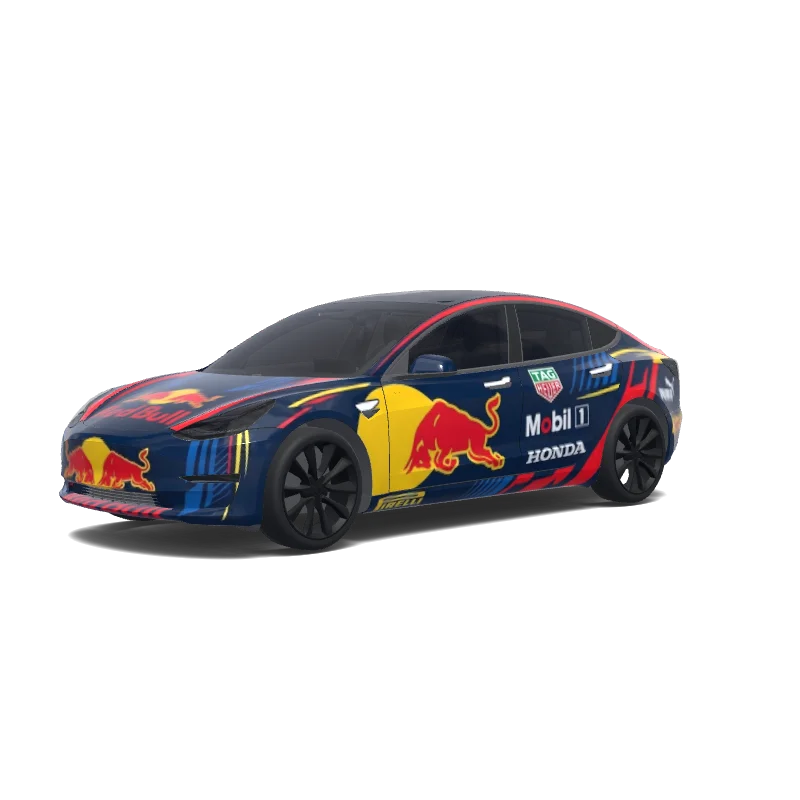 Tesla Model 3 with a Red Bull Mobil 1 Livery wrap, 3D preview