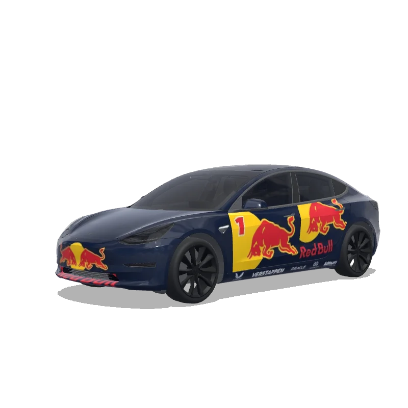Tesla Model 3 with a Red Bull Verstappen Livery wrap, 3D preview