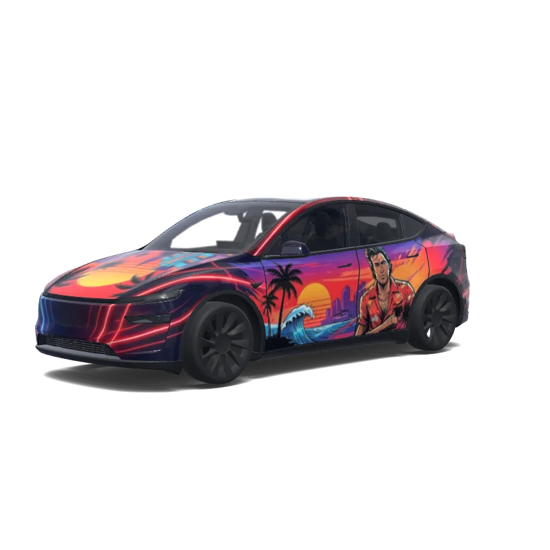 Tesla Model Y (2025+) with a Red wrap, 3D Paint Shop preview