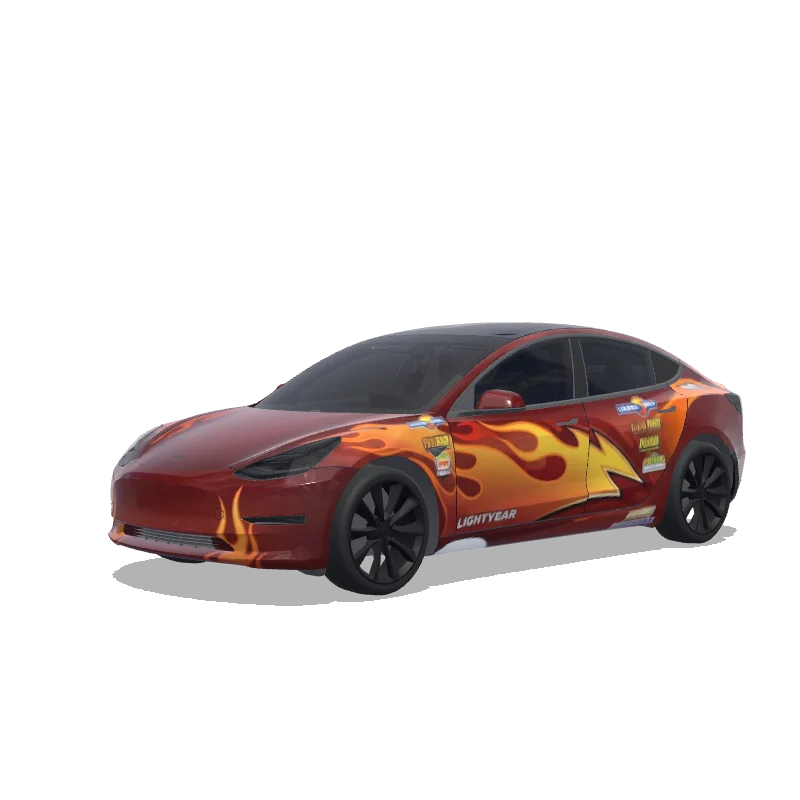 Tesla Model 3 with a Red with Hot Rod Flames and Smile wrap, 3D preview