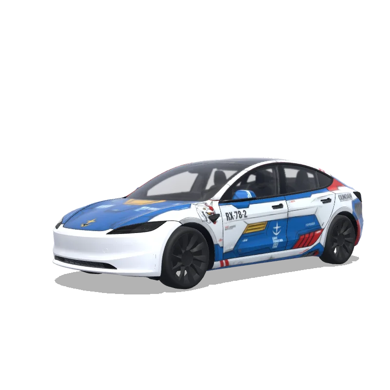 Tesla Model 3 (2024+) with a RX-78 Gundam Blue and White wrap, 3D preview