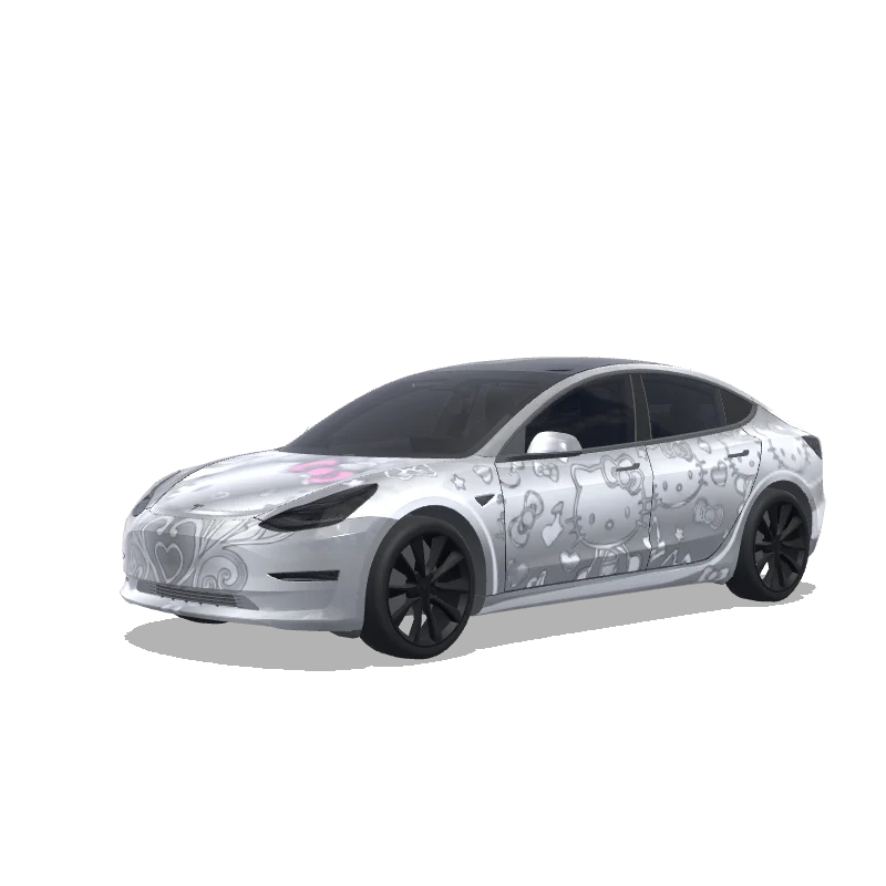 Tesla Model 3 with a Silver Hello Kitty Pattern wrap, 3D preview
