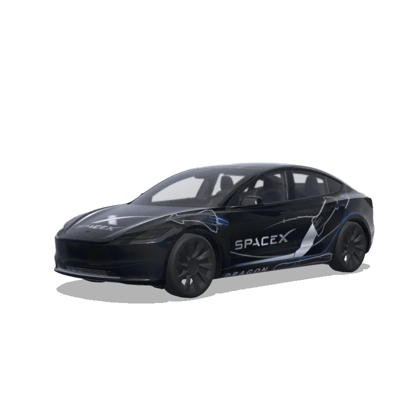 Tesla Model 3 (2024+) with a SpaceX Black Livery wrap, 3D preview
