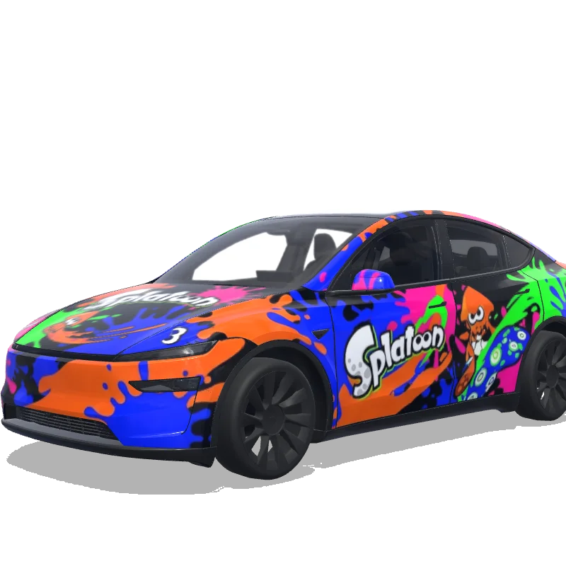 Tesla Model Y (2025+) with a Splatoon Paint Splat Orange and Blue wrap, 3D preview