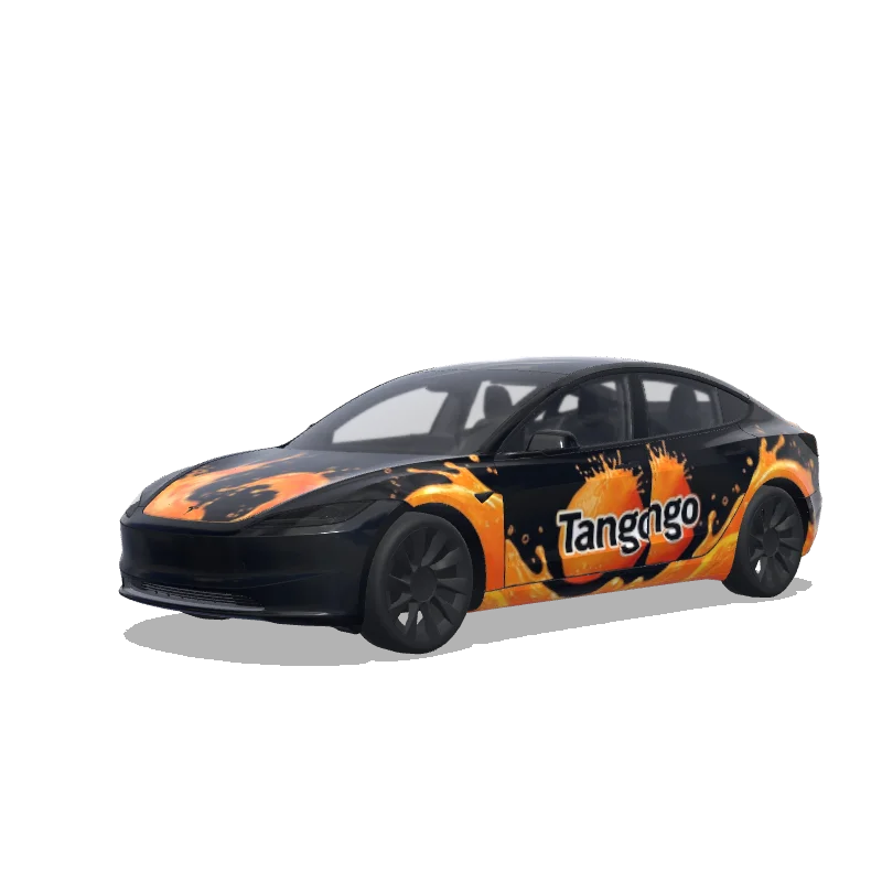 Tesla Model 3 (2024+) with a Tango Orange on Black wrap, 3D preview