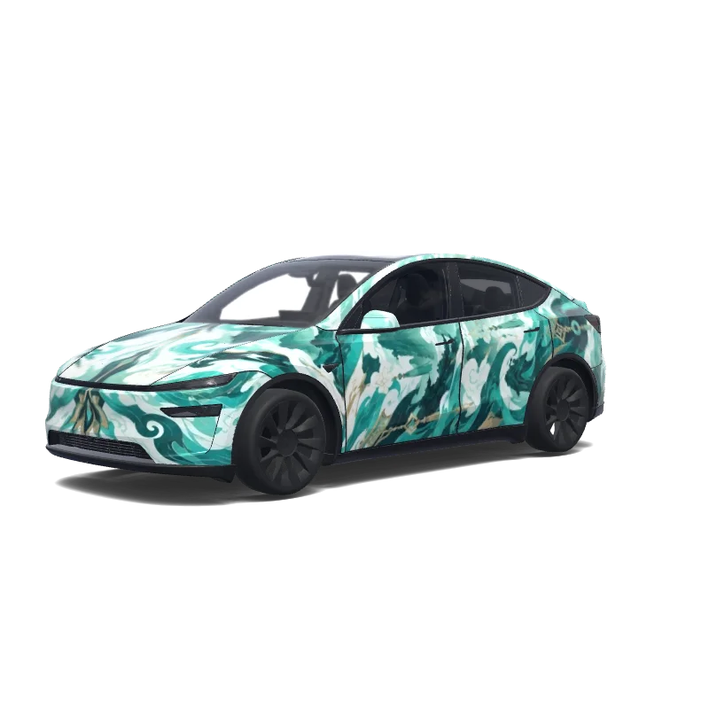 Tesla Model Y (2025+) with a Teal Camouflage wrap, 3D preview