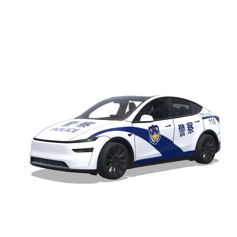 Tesla Model Y (2025+) with a 警车涂装，蓝白条纹，官方徽章和紧急车辆标记 wrap, 3D Paint Shop preview