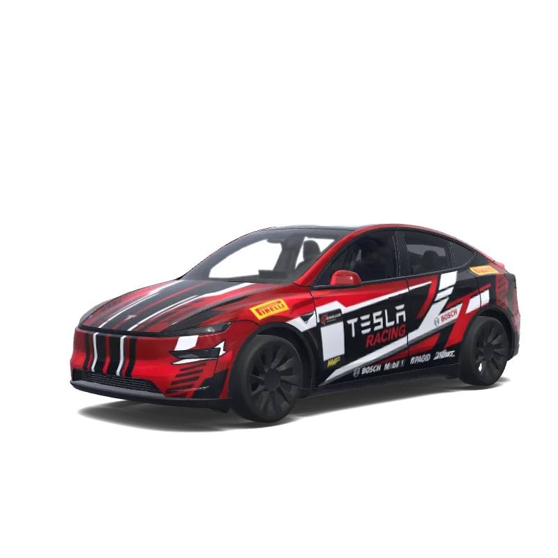 Tesla Model Y (2025+) with a Tesla Racing Red Sponsors wrap, 3D preview