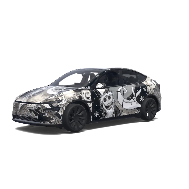 Tesla Model Y (2025+) with a The Nightmare Before Christmas wrap, 3D preview