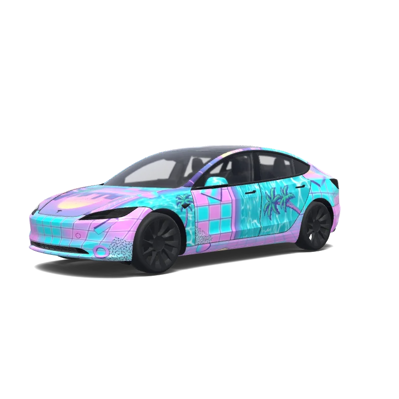 Tesla Model 3 (2024+) with a Vaporwave wrap, 3D Paint Shop preview