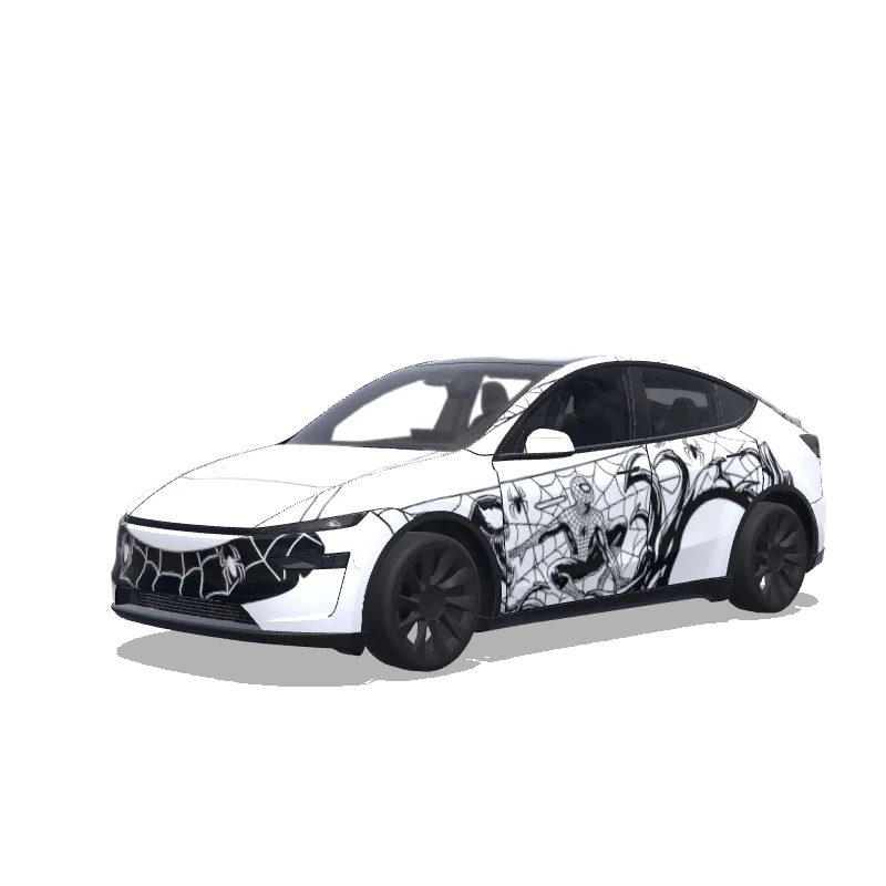 Tesla Model Y (2025+) with a Venom and Spider-Man Black and White wrap, 3D preview