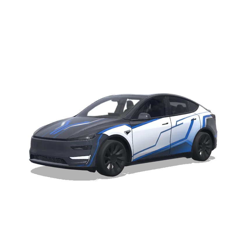 Tesla Model Y (2025+) with a White and Navy Tech Stripes wrap, 3D preview