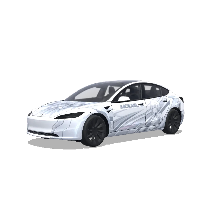 Tesla Model 3 (2024+) with a White Anime Character Theme wrap, 3D preview