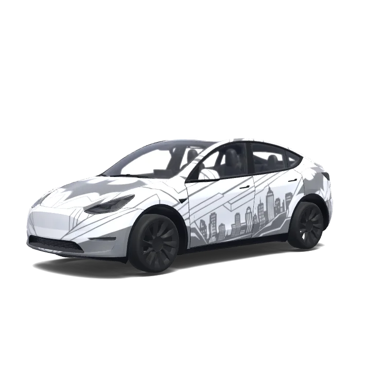 Tesla Model Y with a White Batman Gotham Skyline wrap, 3D preview