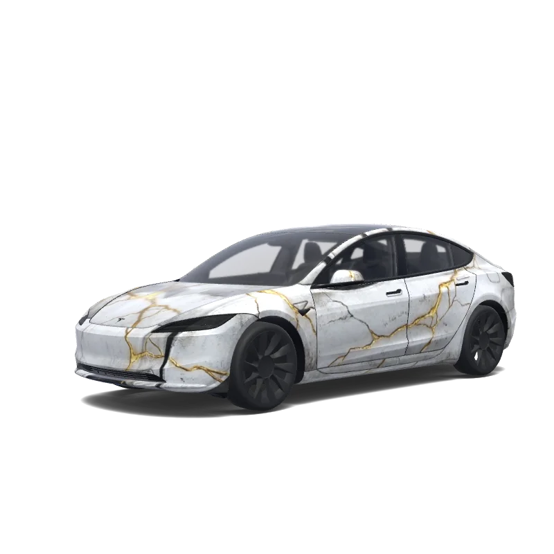 Tesla Model 3 (2024+) with a White Marble with Gold Veins wrap, 3D preview