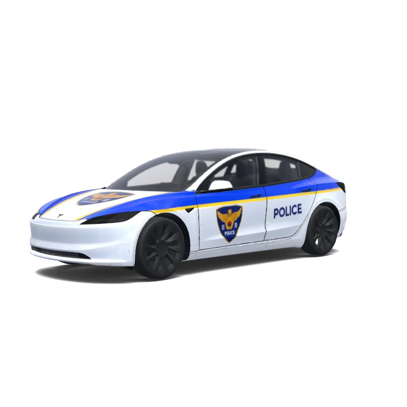 Tesla Model 3 (2024+) with a White Police with Blue Stripe wrap, 3D preview