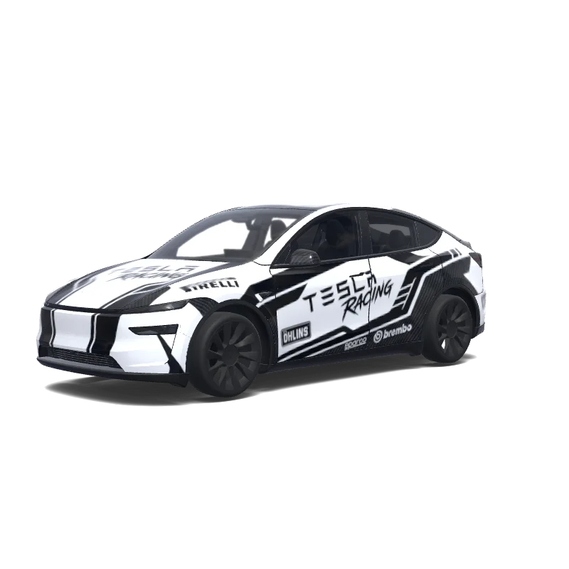 Tesla Model Y (2025+) with a White Tesla Racing Sponsors wrap, 3D preview