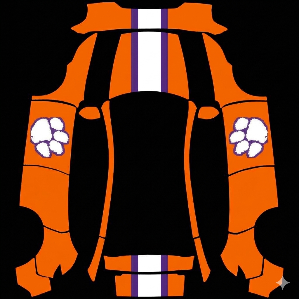Tesla Model Y (2025+) with a Clemson Tigers Helmet wrap, 3D Paint Shop preview