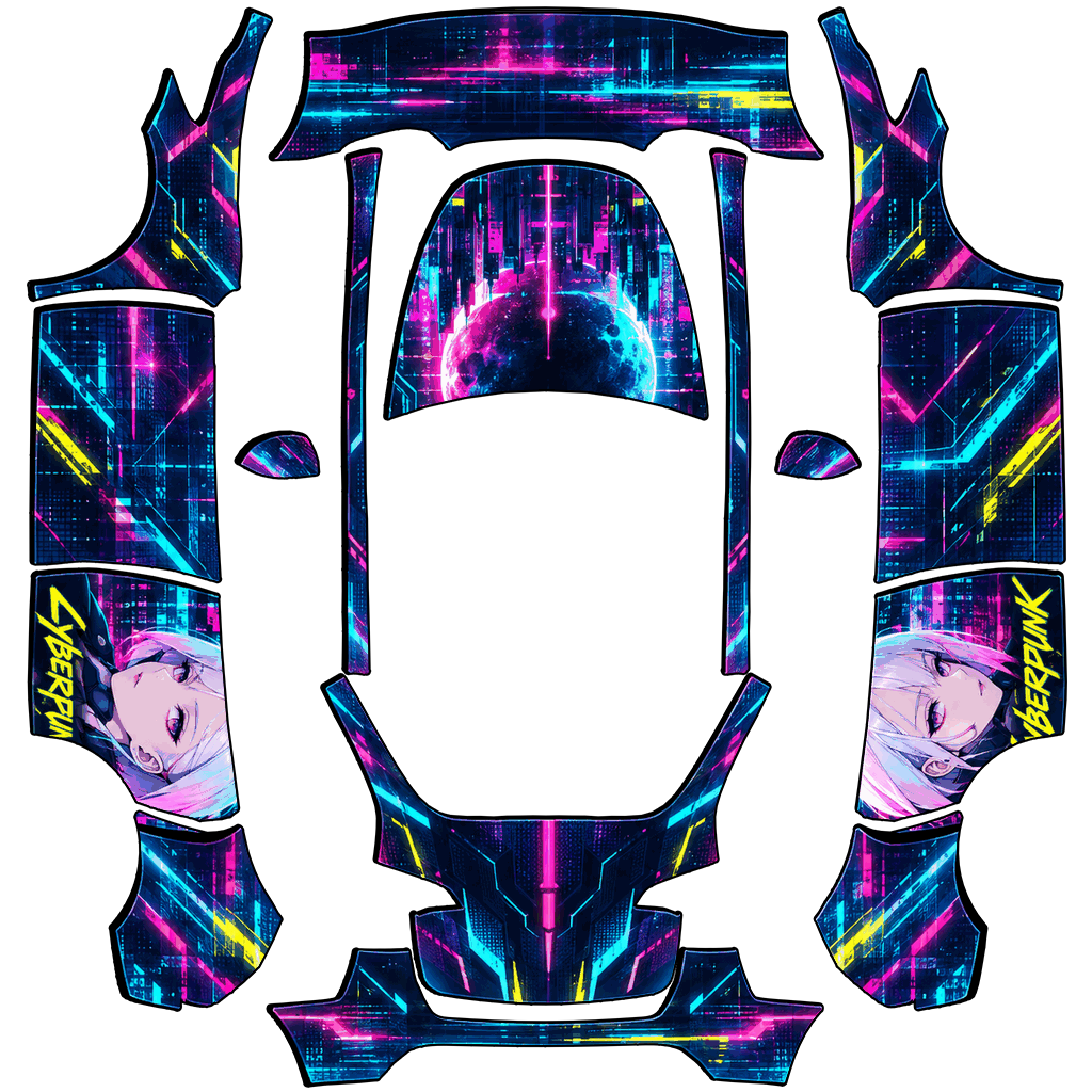 Tesla Model Y with a Cyberpunk Lucy wrap, 3D Paint Shop preview
