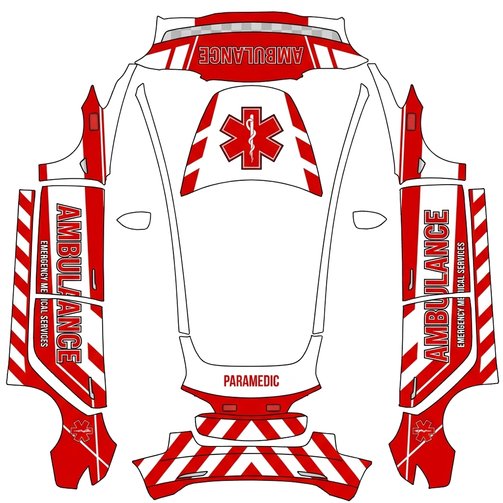 Tesla Model 3 with a Ambulance red and white wrap, 3D preview