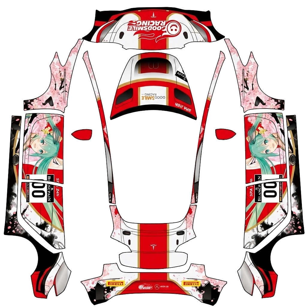 Tesla Model 3 with a Anime Character Racing Livery wrap, 3D preview