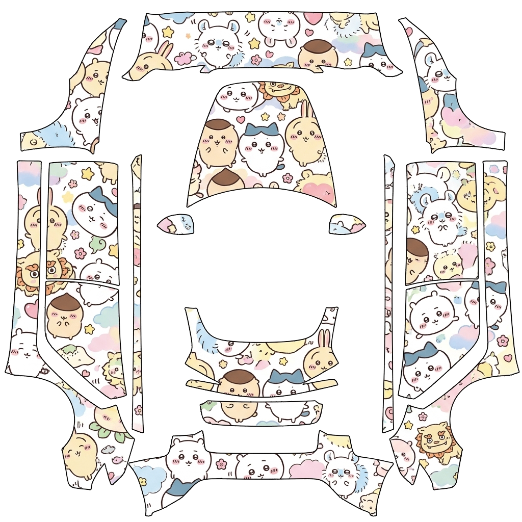 Tesla Model 3 (2024+) Standard & Premium with a Chiikawa Doodles on White wrap, 3D preview