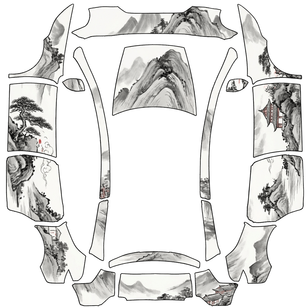 Tesla Model Y L with a Chinese Ink Painting wrap, 3D preview