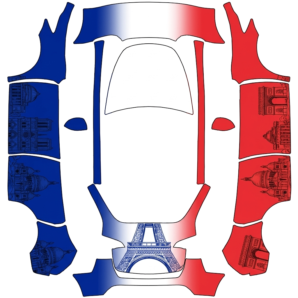 Tesla Model Y with a France Blue with Eiffel Tower Sketch wrap, 3D preview
