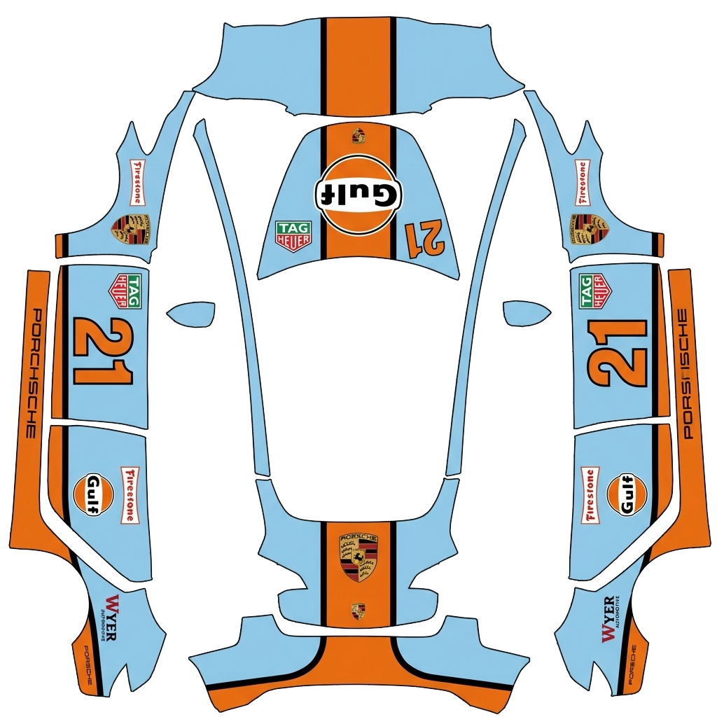 Tesla Model 3 with a Gulf Porsche wrap, 3D preview