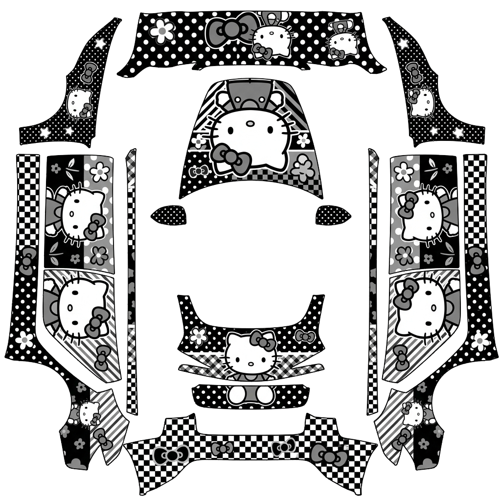 Hello Kitty Tesla Model 3 (2024+) Standard & Premium wrap PNG - flat 1024x1024 wrap PNG template for Tesla Model 3 (2024+) Standard & Premium Paint Shop