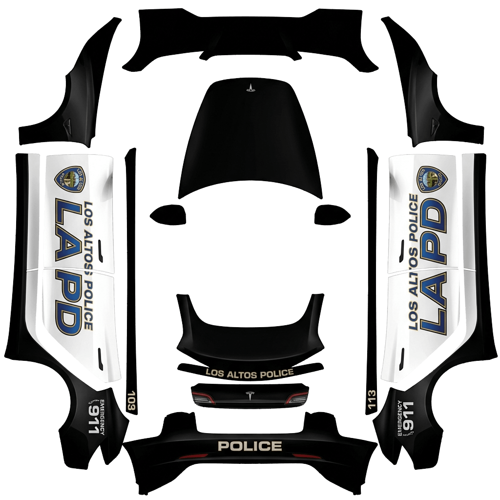 Tesla Model 3 (2024+) Performance with a LAPD Los Altos Black and White wrap, 3D preview