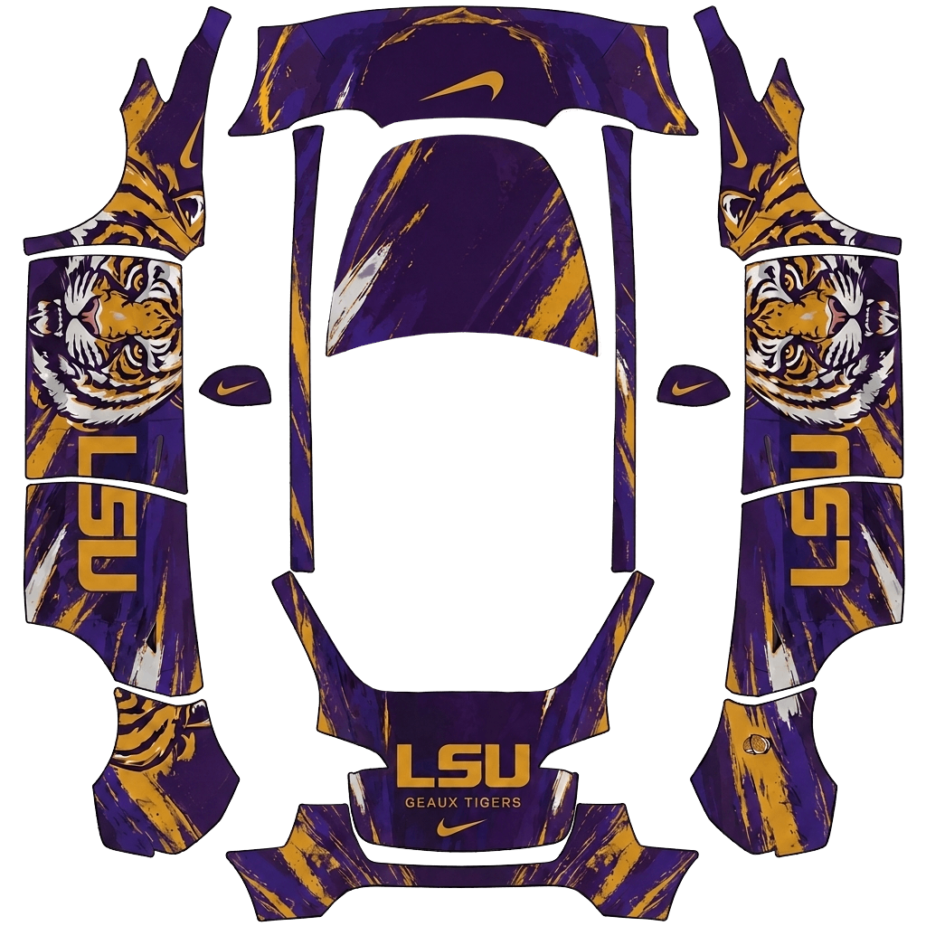 Tesla Model Y with a LSU Tigers Purple and Gold wrap, 3D preview